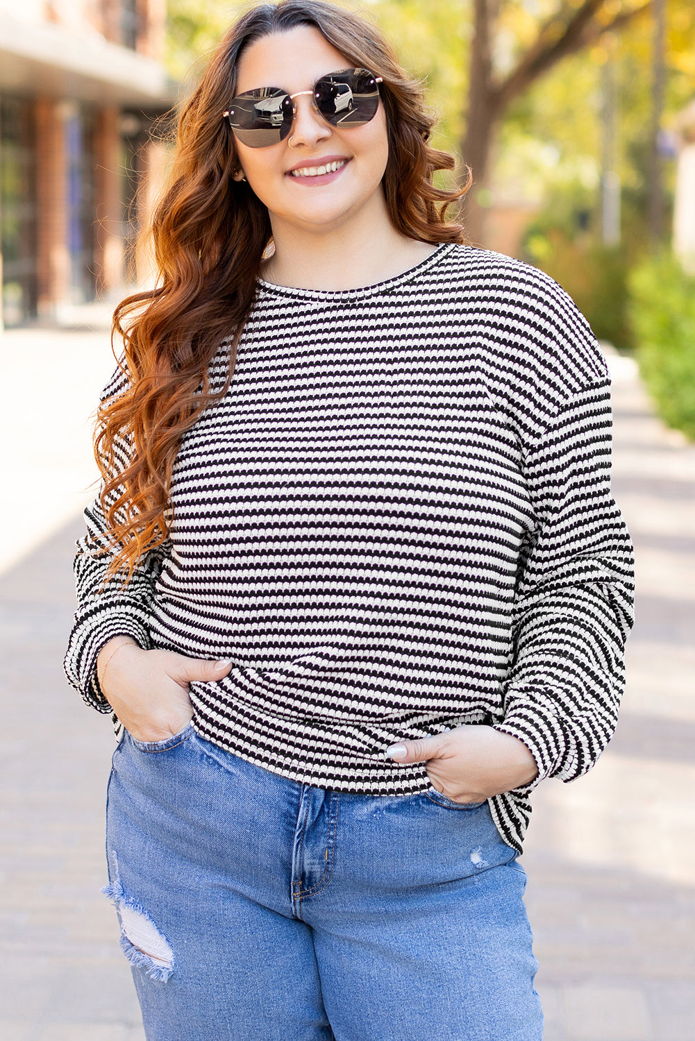 Chic plus size black striped tee