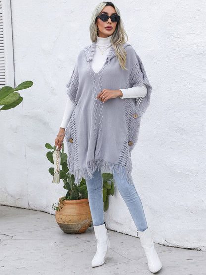 Fringe Trim Buttoned Hooded Poncho.