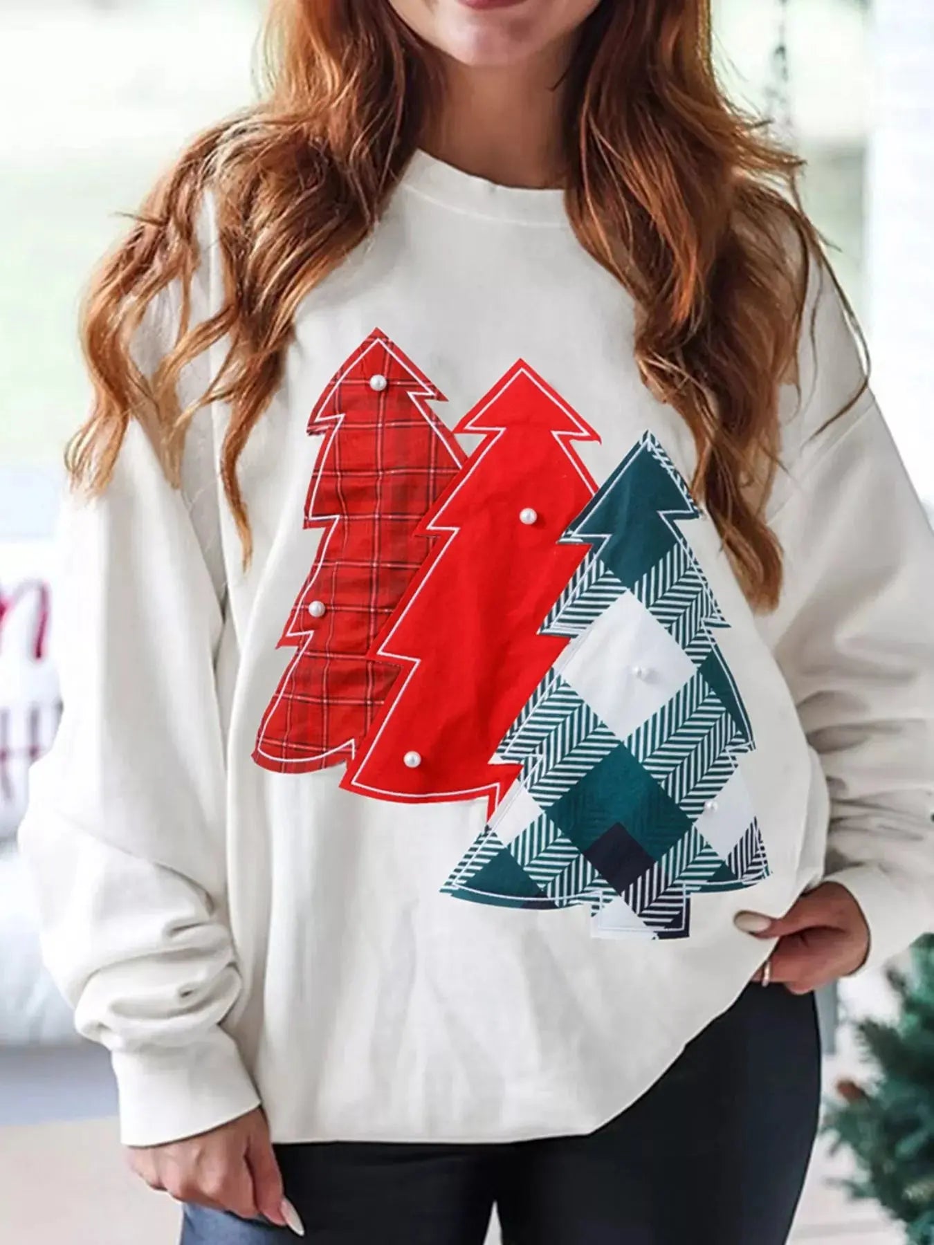 Pearl Plaid Christmas Tree Patched Drop Shoulder Sweatshirt Simply Love