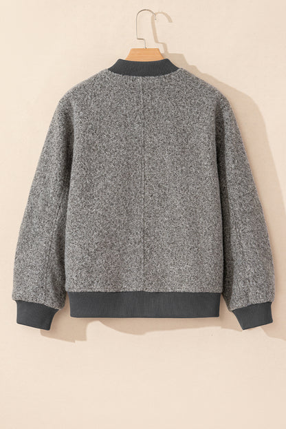 Chic medium grey fuzzy zip-up jacket with pocketed sleeves