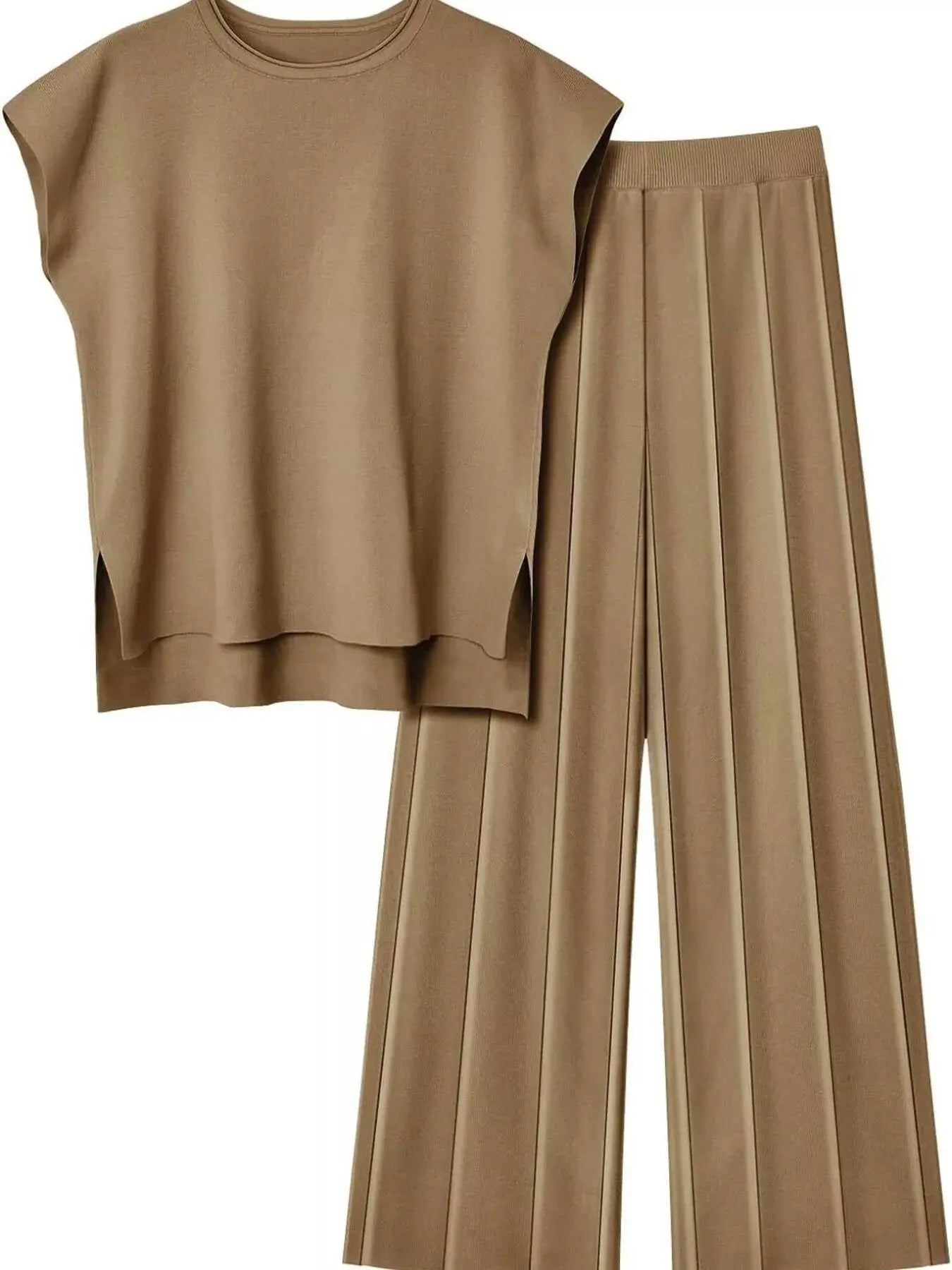 Casual Solid Color Cap Sleeve Top and Pants Knit Set Simply Love