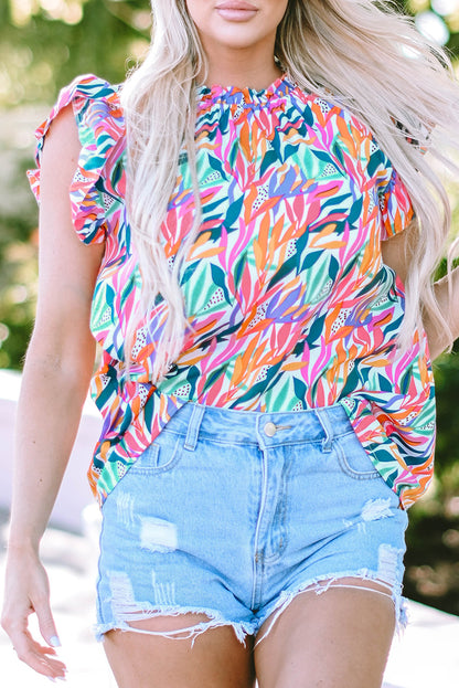 Charming rose red floral ruffle sleeve blouse with mock neck