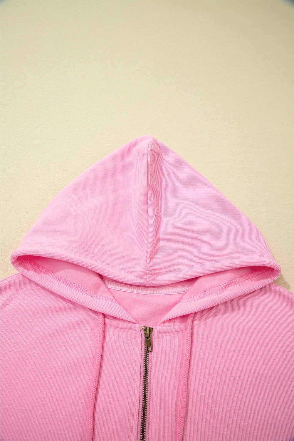 Sachet Pink Solid Color Ribbed Zip Up Hooded Jacket With Drawstring Dear-Lover Dropshipping