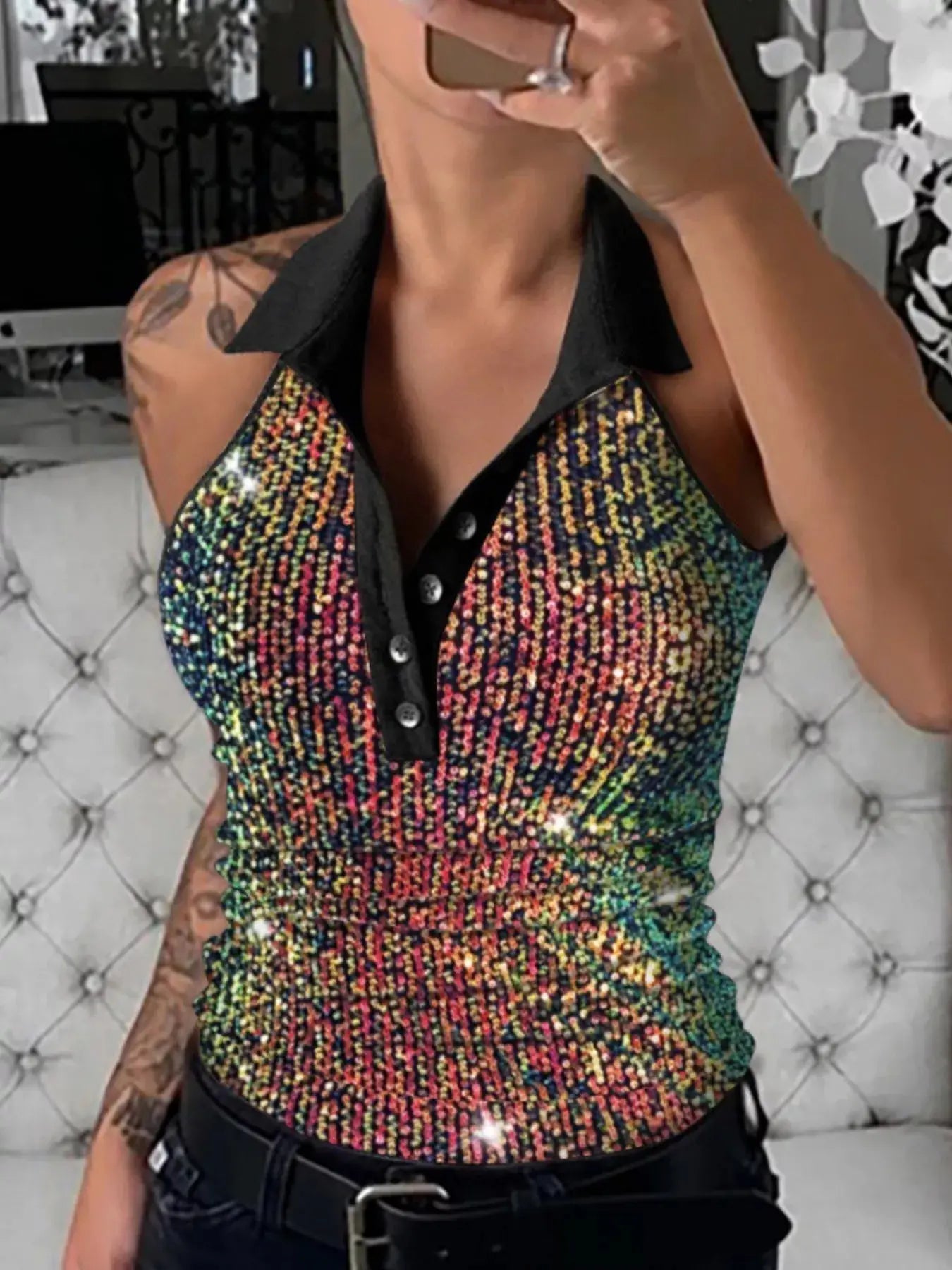 Sparkling Sequin Embellished Sleeveless Top Simply Love