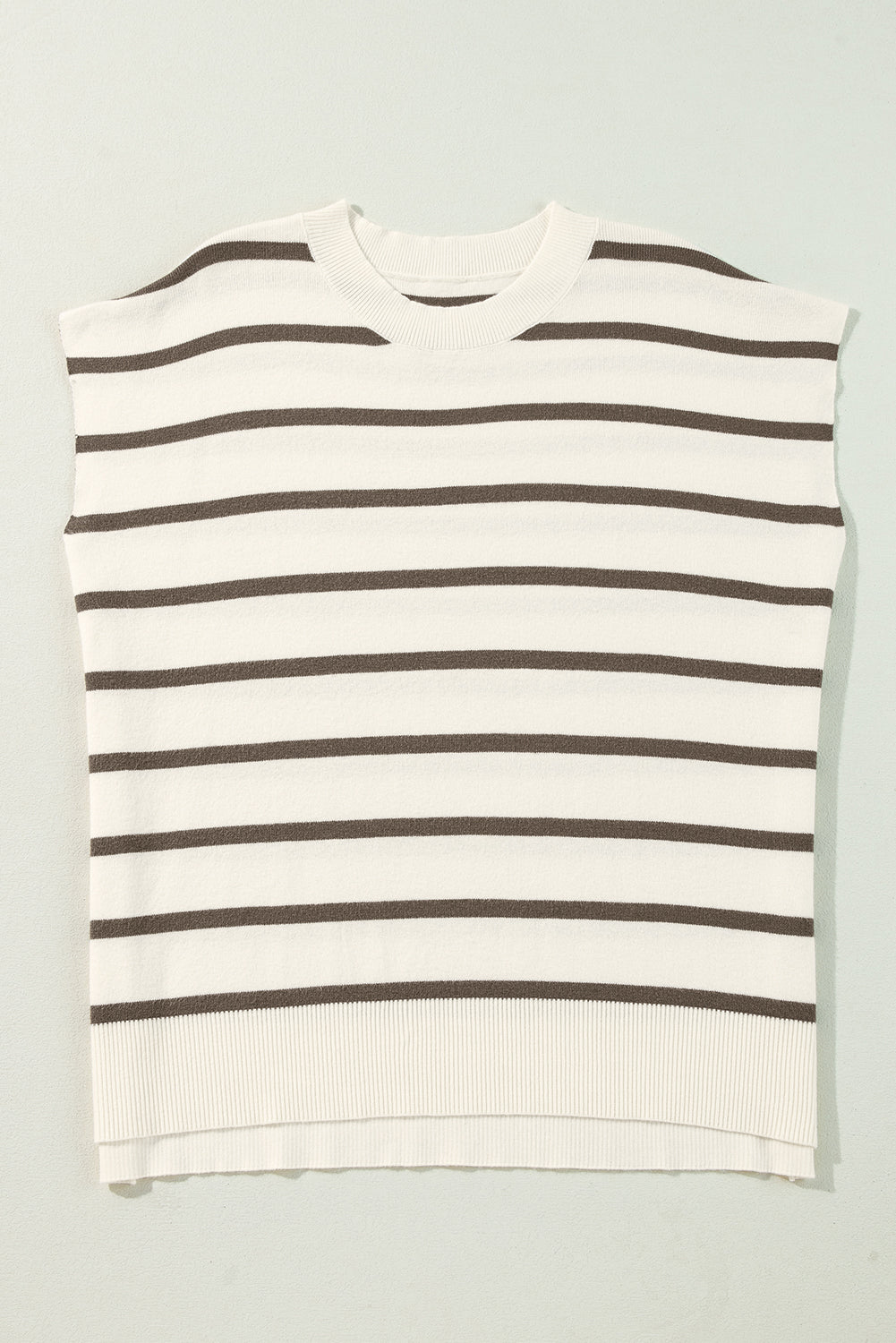 Brown Striped Crewneck Sweater Tee with Side Slits