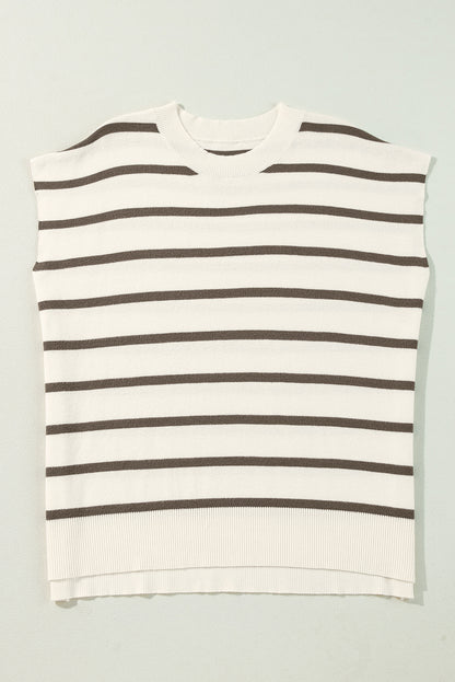 Brown Striped Crewneck Sweater Tee with Side Slits