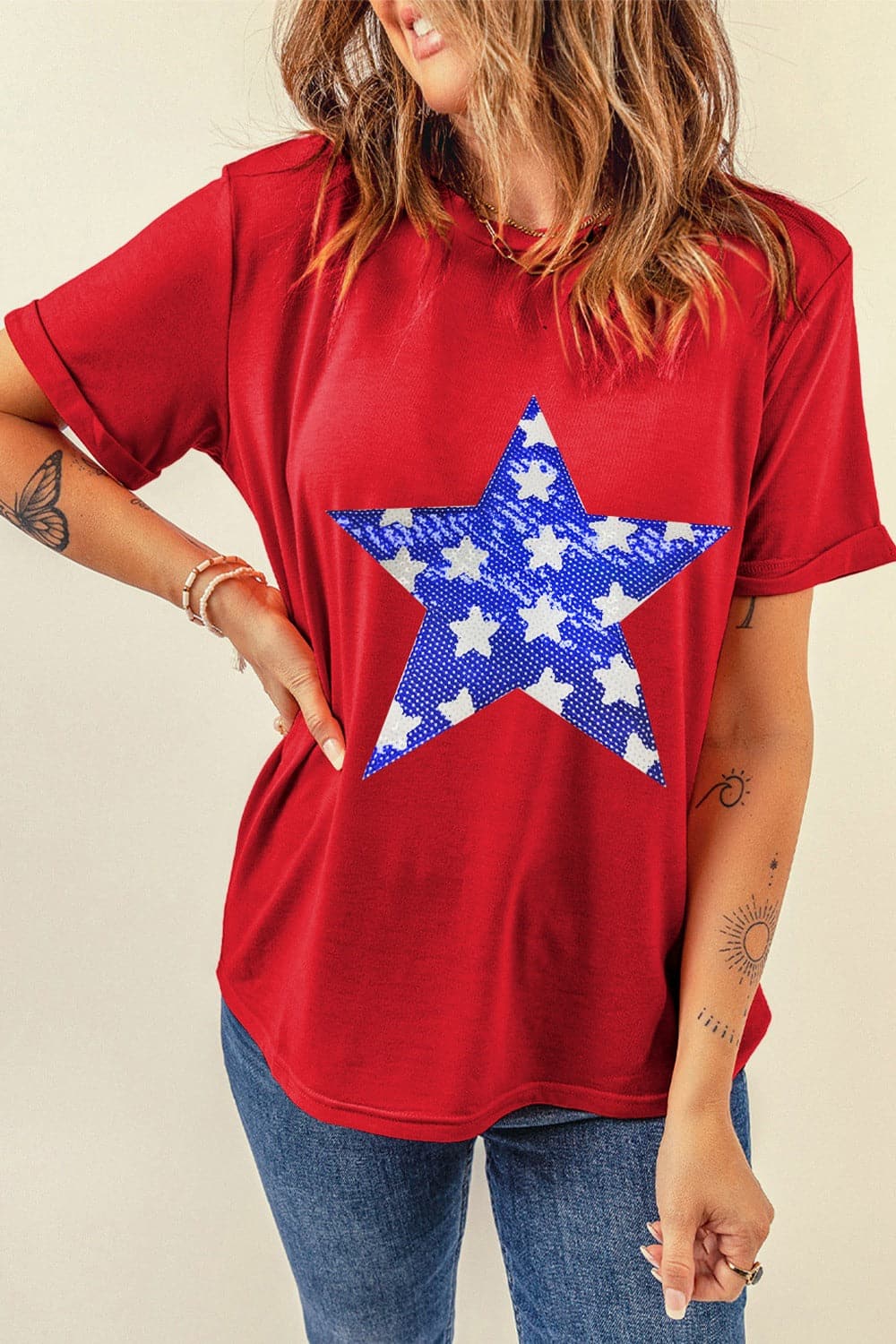 Sequin Star Round Neck Short Sleeve T-Shirt.