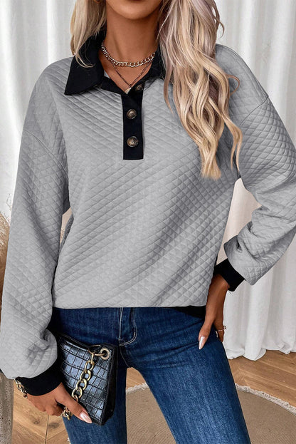 Chic light grey buttoned collar sweatshirt with textured colorblock edges