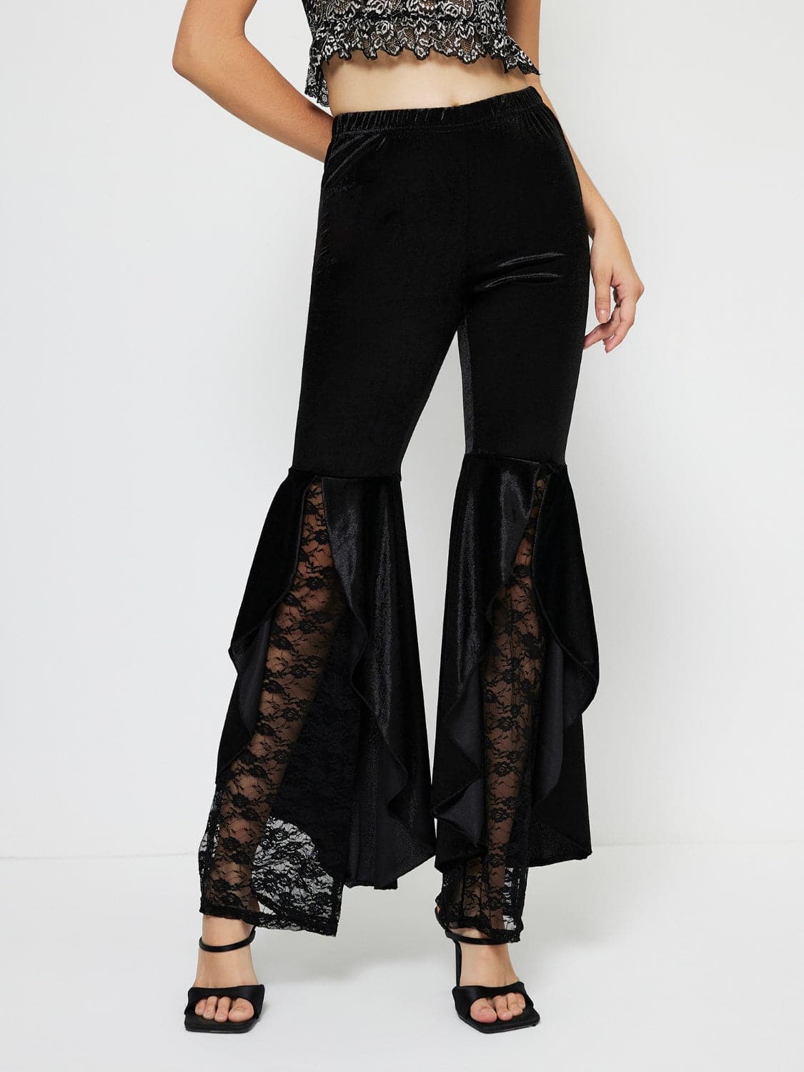 Lace detailed high-waisted flared trousers