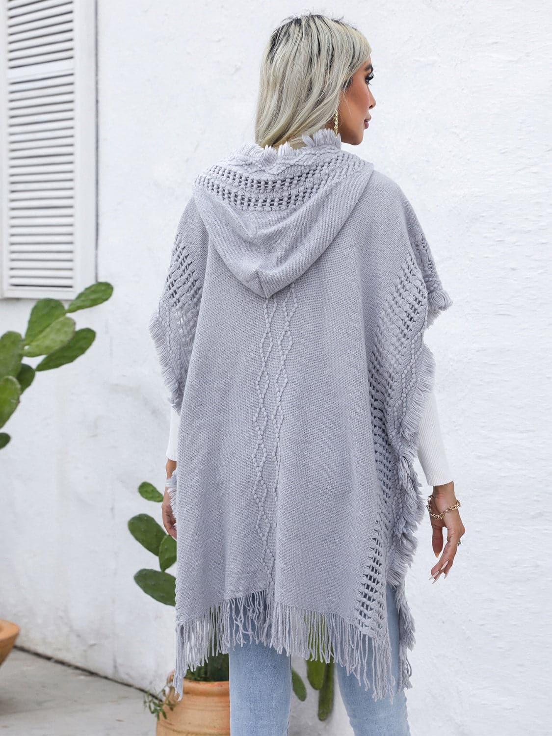 Fringe Trim Buttoned Hooded Poncho.