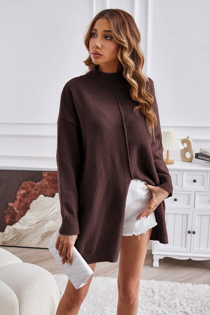 Exposed Seam Mock Neck Slit Sweater.