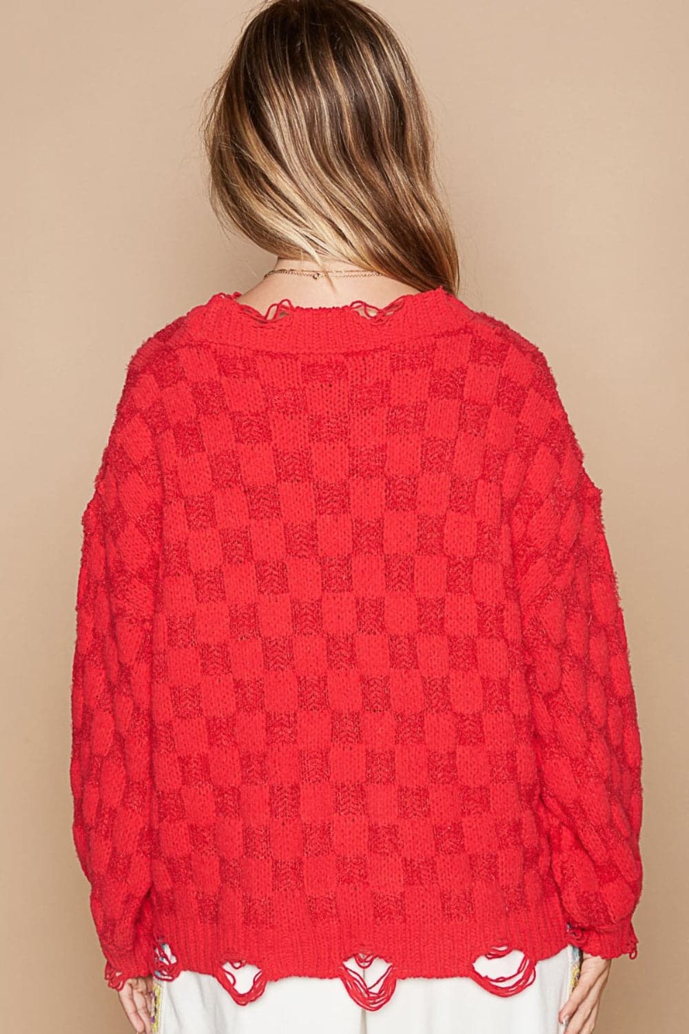 POL Checkered Distressed Edge Sweater.