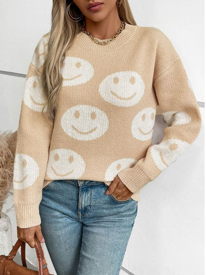 Smile Pattern Round Neck Long Sleeve Sweater.