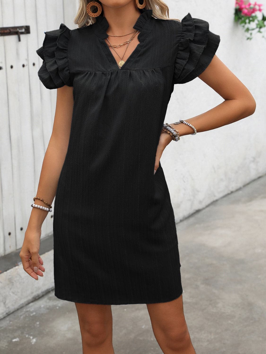 Ruffled Notched Cap Sleeve Mini Dress.