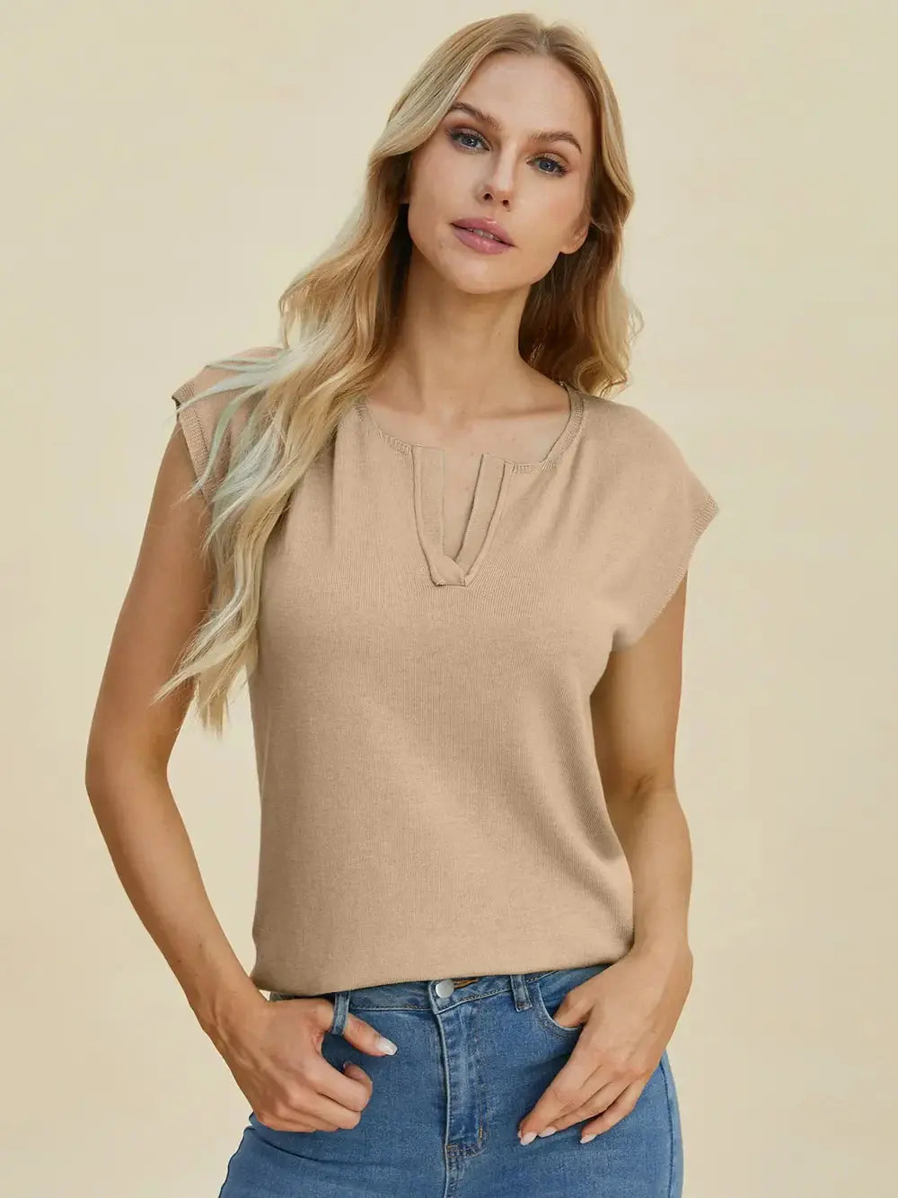 Double Take Full Size Notched Cap Sleeve Knit Top - Love Salve