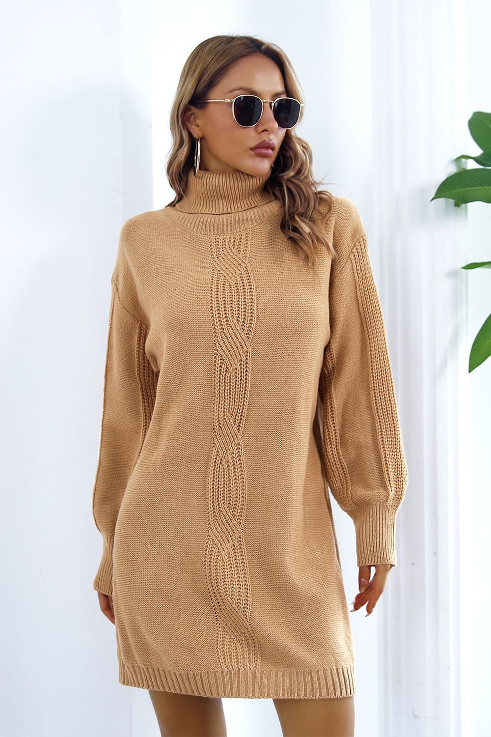 Openwork Turtleneck Long Sleeve Sweater Dress.