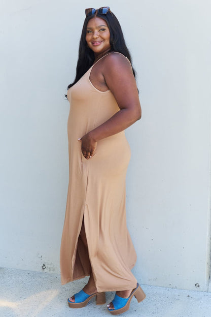 Ninexis Good Energy Full Size Cami Side Slit Maxi Dress in Camel.