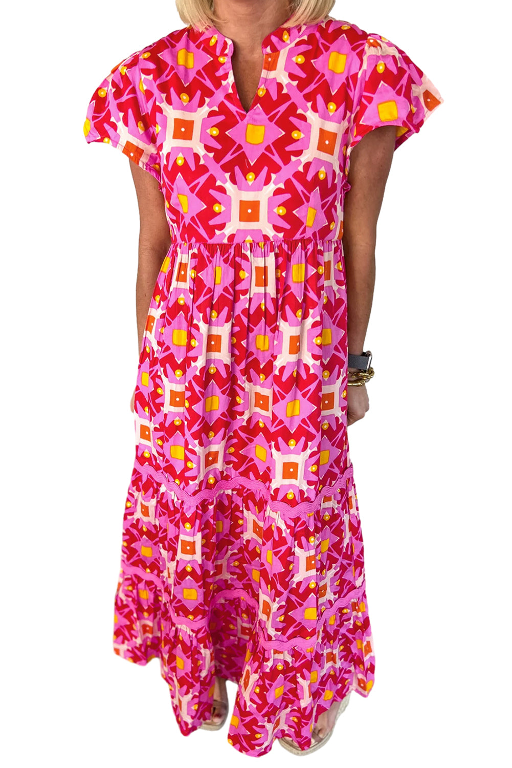 Strawberry pink geo print maxi dress