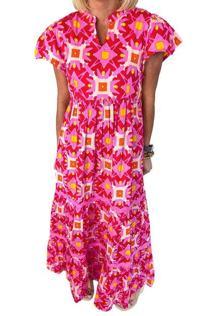 Vibrant strawberry pink geo print maxi dress with V-neckline