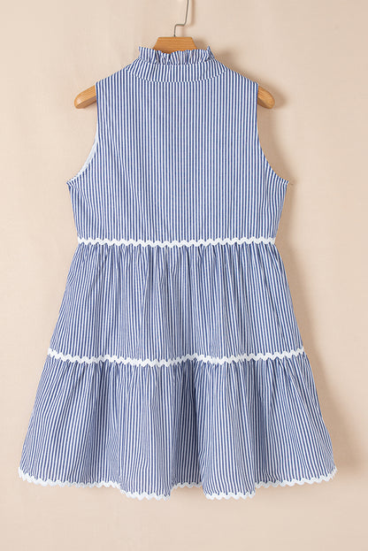 Blue Striped Sleeveless Mini Dress with Notched V Neck and Contrast Trim