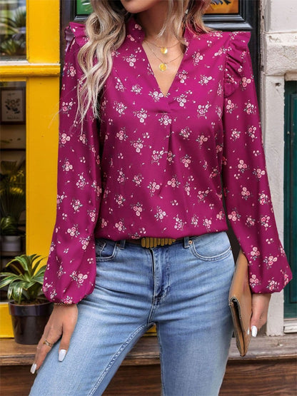 Ruffled Printed Notched Long Sleeve Blouse.