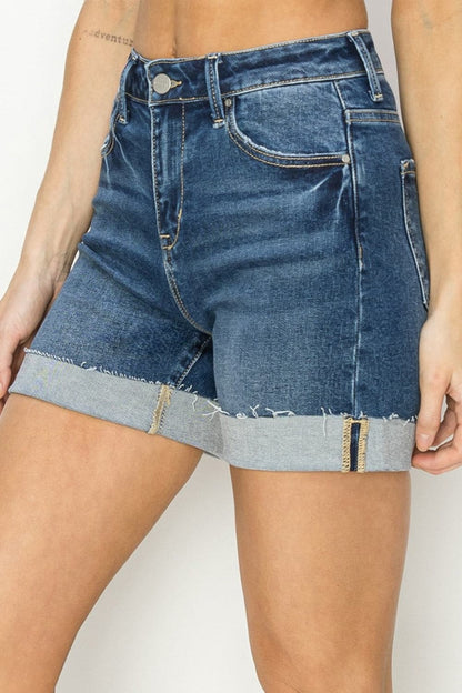 RISEN High Rise Cuffed Denim Shorts.