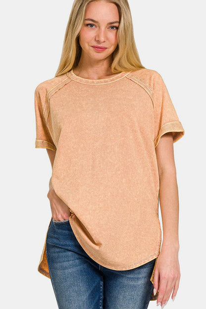 Zenana Heathered Round Neck Short Sleeve Top.