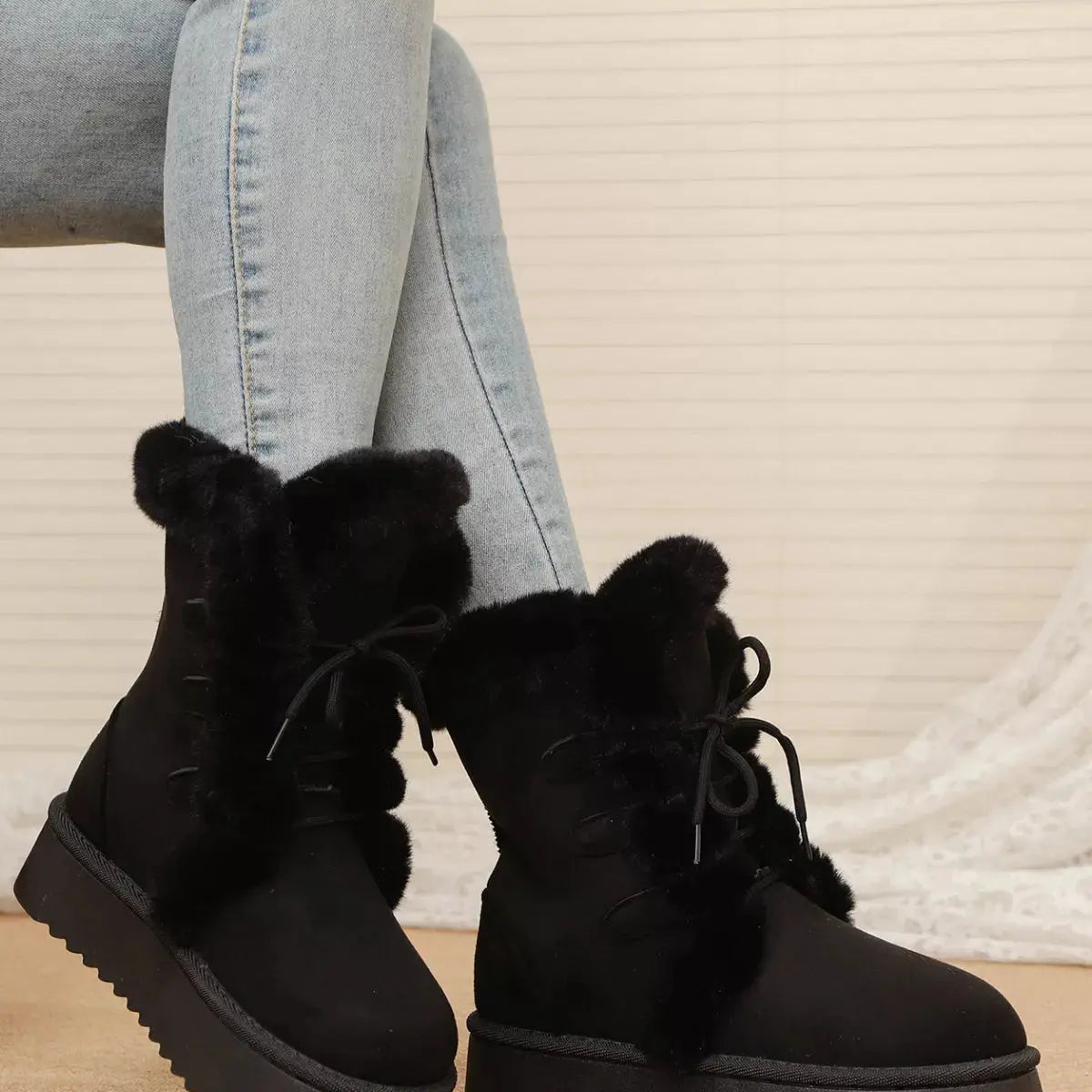 Black Suede Lace Up Winter Boots With Faux Fur Lining Simply Love