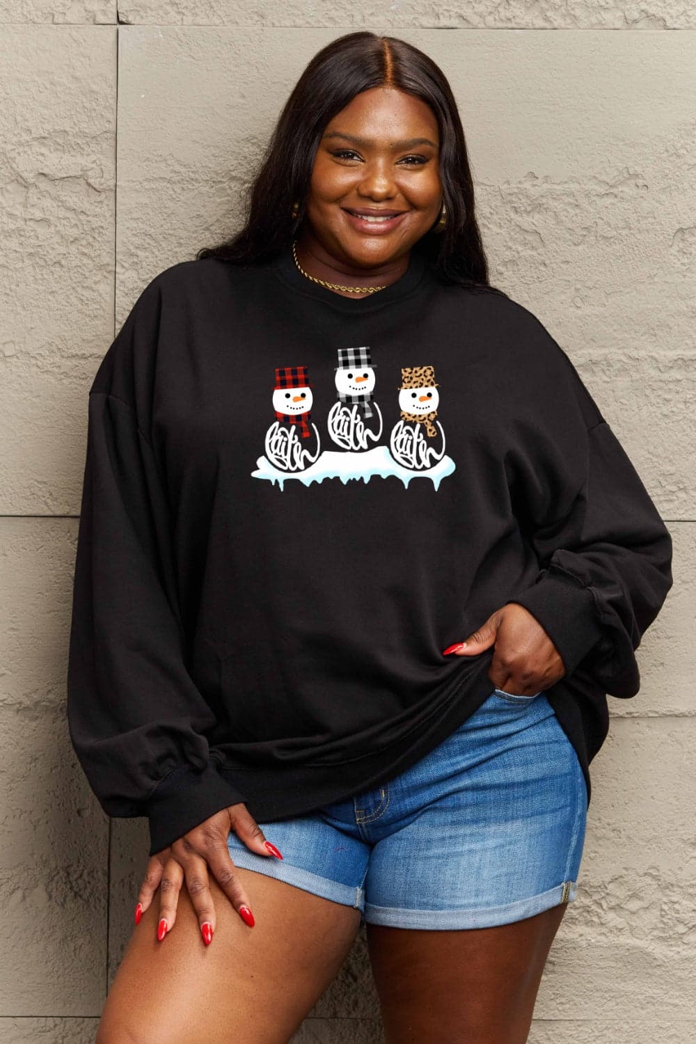 Simply Love Full Size Snowmen Graphic Sweatshirt.