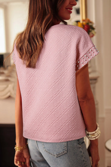 Light Pink Pearl Embellished Flower Textured T Shirt For Women