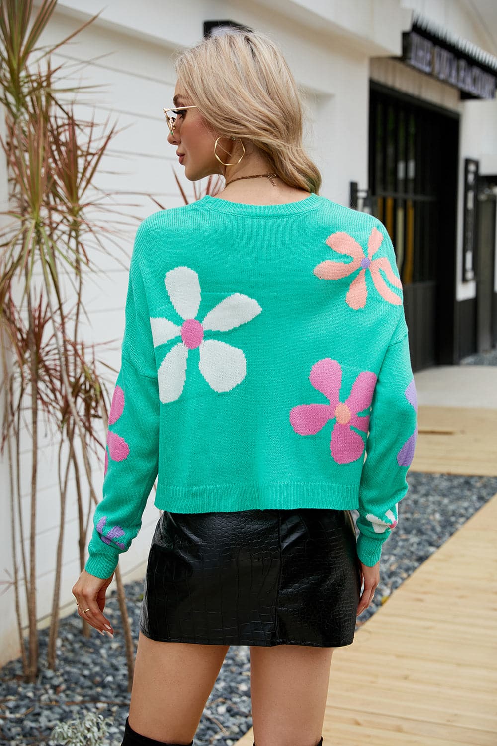 Flower Round Neck Drop Shoulder Sweater.