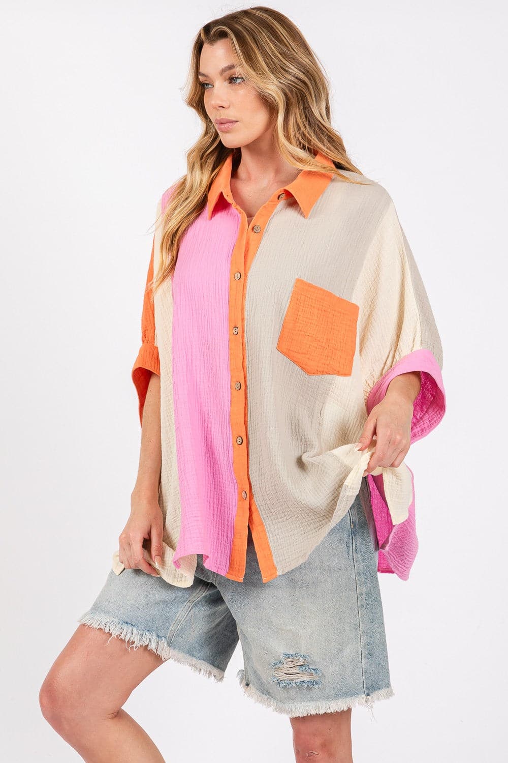 SAGE + FIG Full Size Color Block Button-Down Shirt.