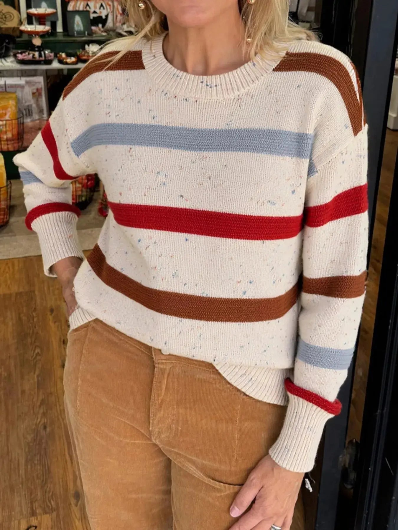 Striped Crew Neck Long Sleeve Sweater Simply Love