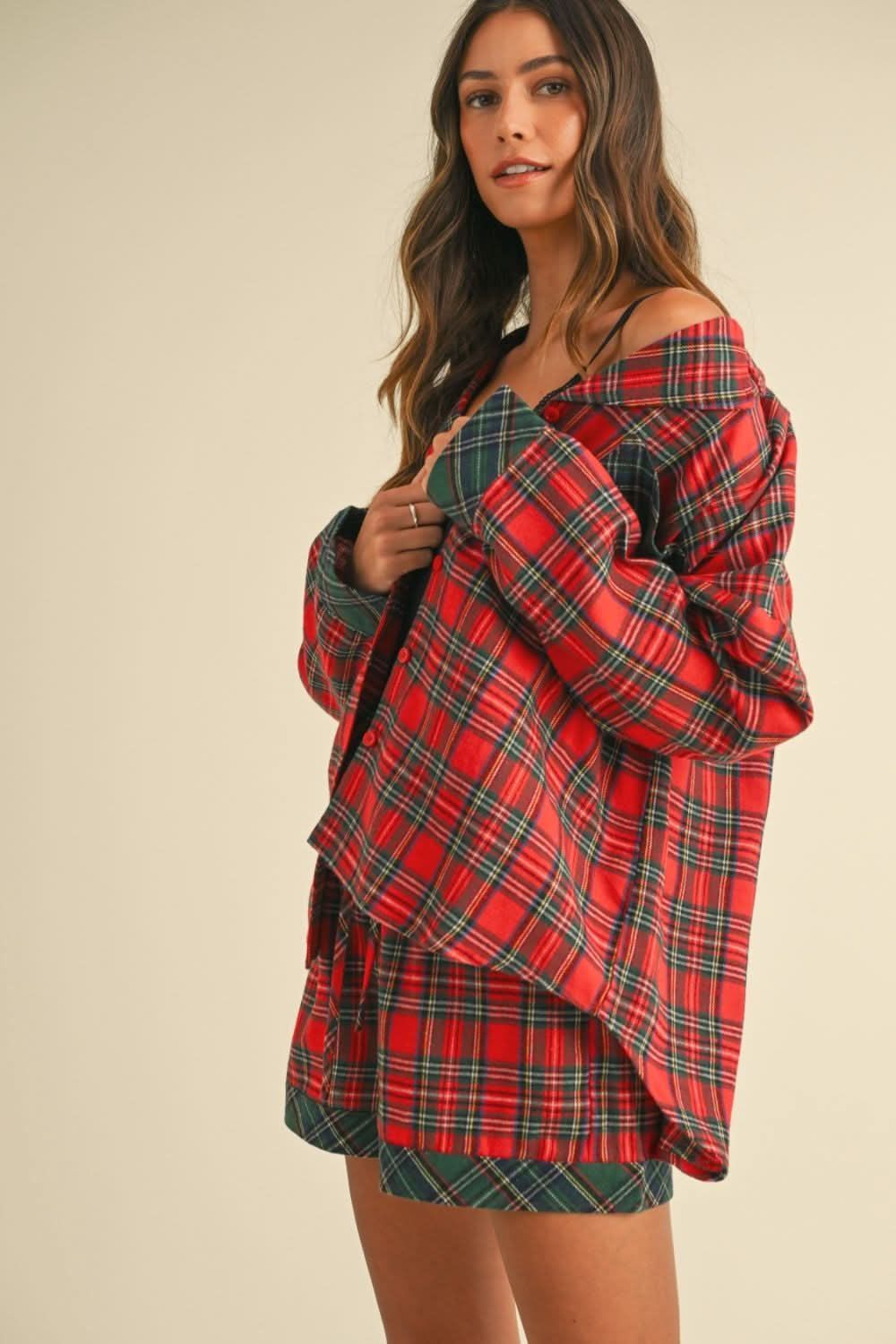 Plaid Charm Long Sleeve Top and Shorts Co-ord Set