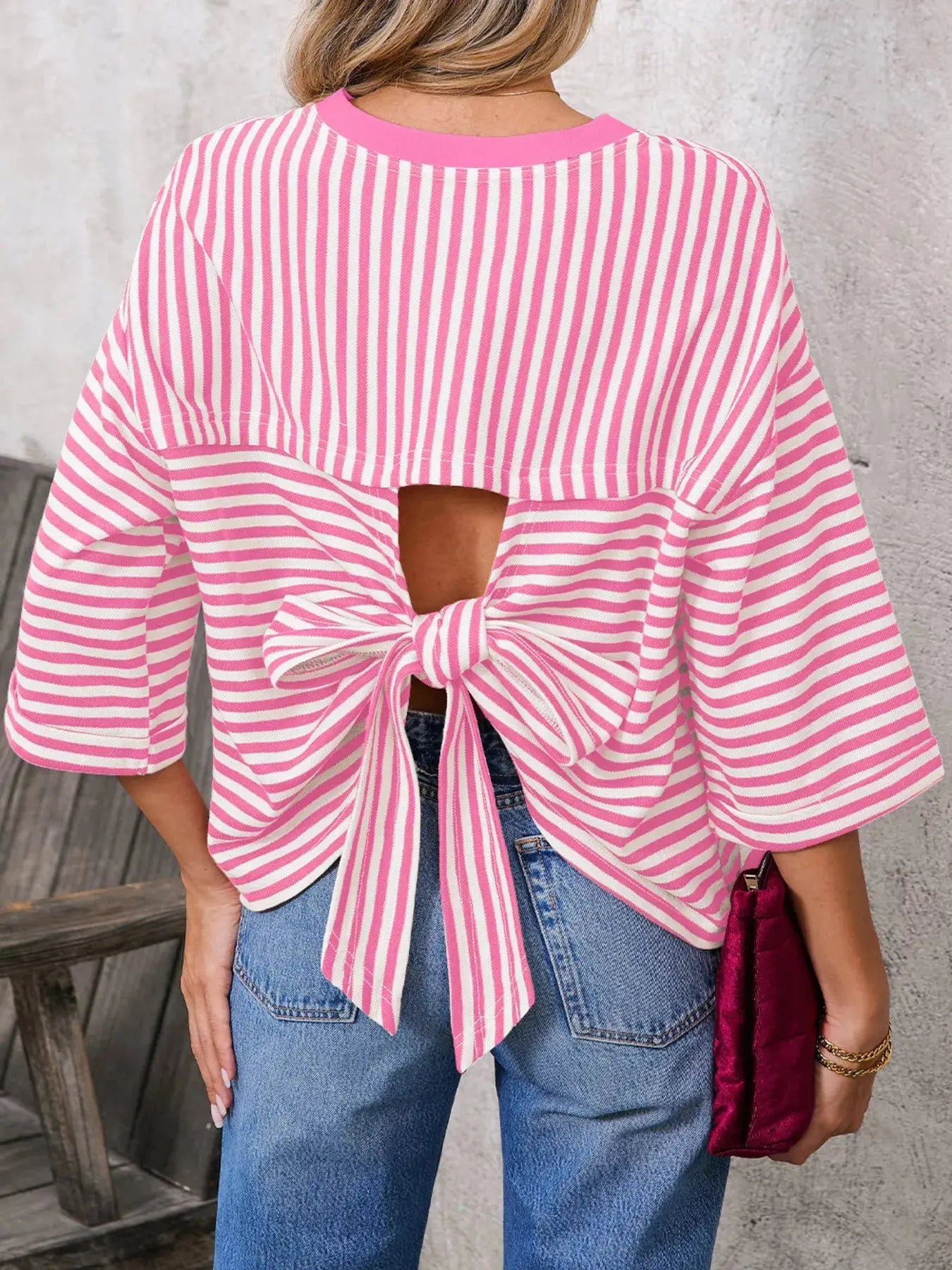 Striped Back Bow Tie T-Shirt Simply Love