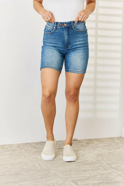 Judy Blue Full Size Tummy Control Double Button Bermuda Denim Shorts.