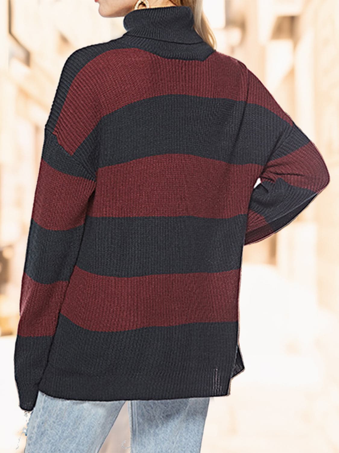 Striped Turtleneck Long Sleeve Sweater.