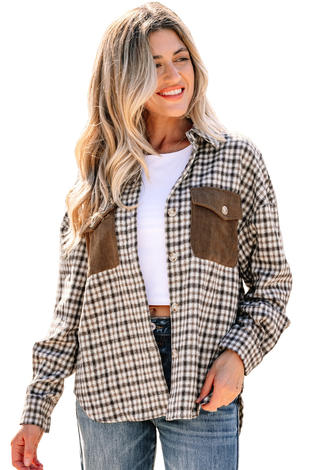 Casual Corduroy Shacket Patchwork Plaid With Flap Pockets Dear-Lover Dropshipping