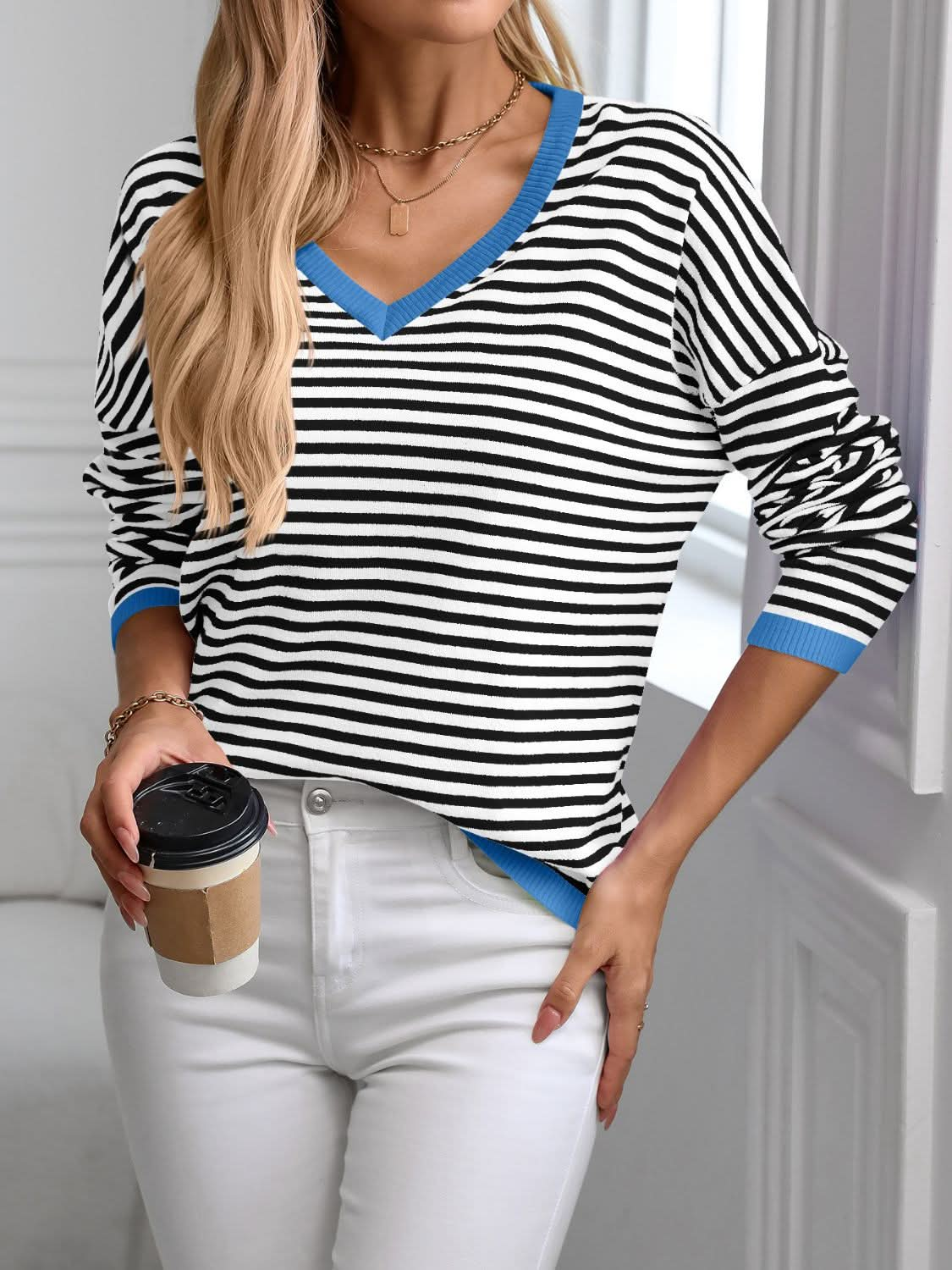 V-neck striped knit top with trim