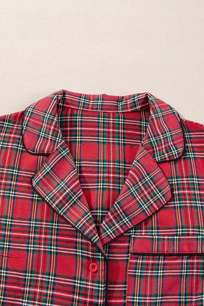 Cozy chic: Plus size red plaid shirt and pants lounge set