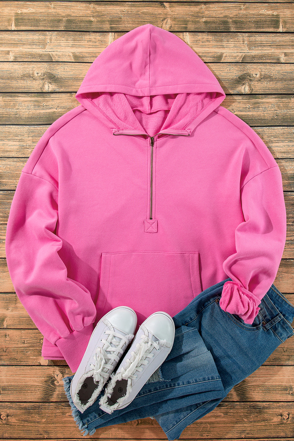 Bonbon Fleece Lined Half Zipper Kangaroo Pockets Loose Hoodie