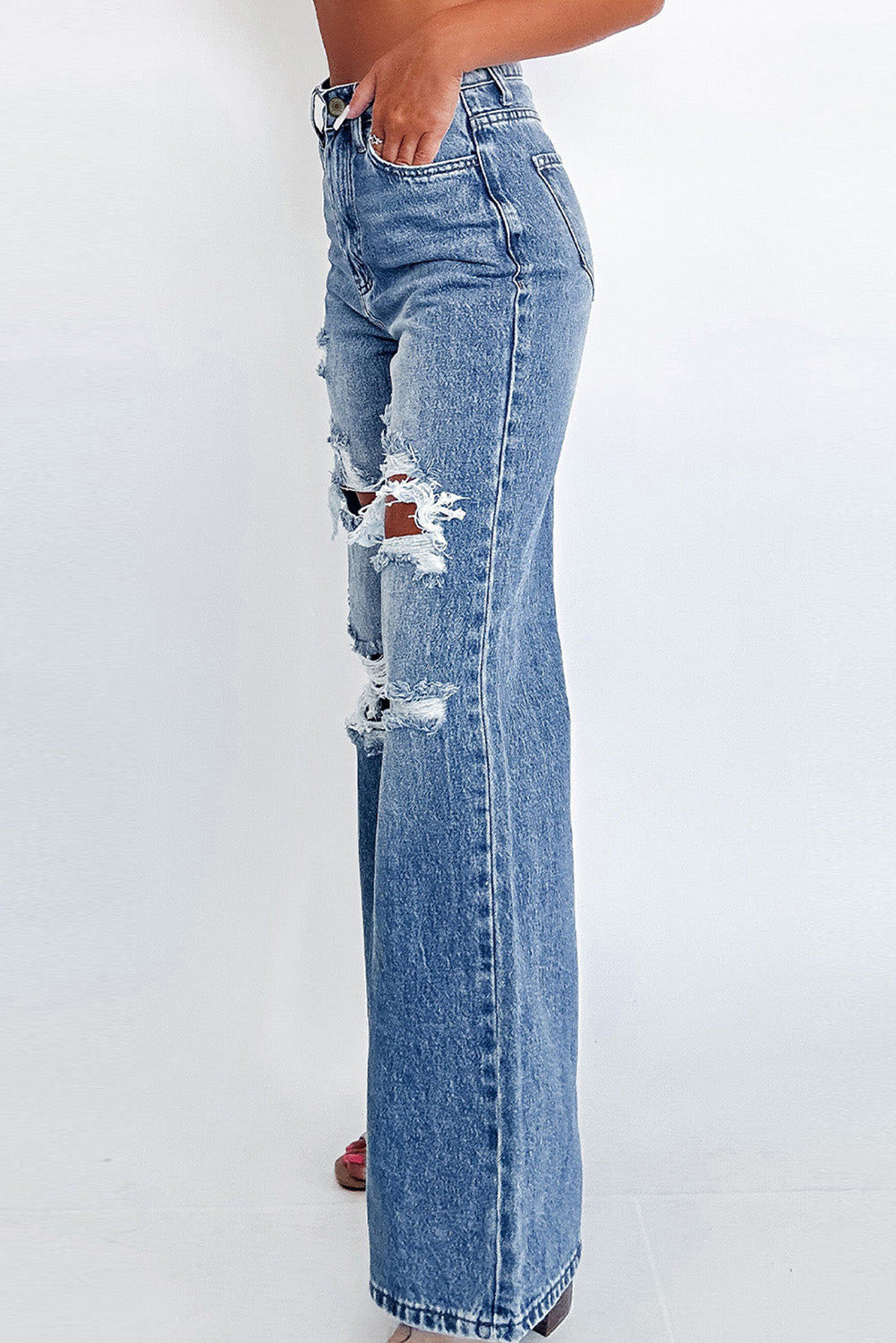 Trendy Ashleigh Blue High-Waisted Distressed Wide Leg Jeans