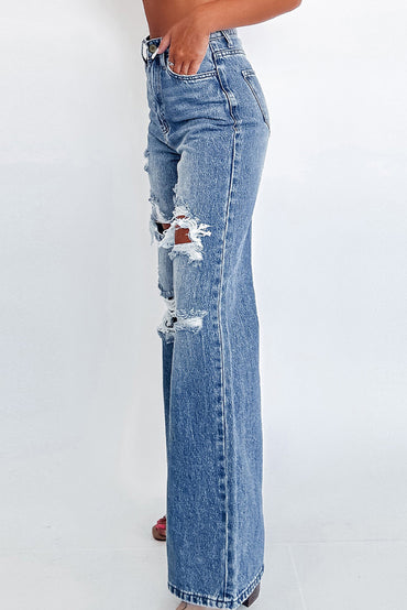 Trendy high-waisted blue wide leg jeans