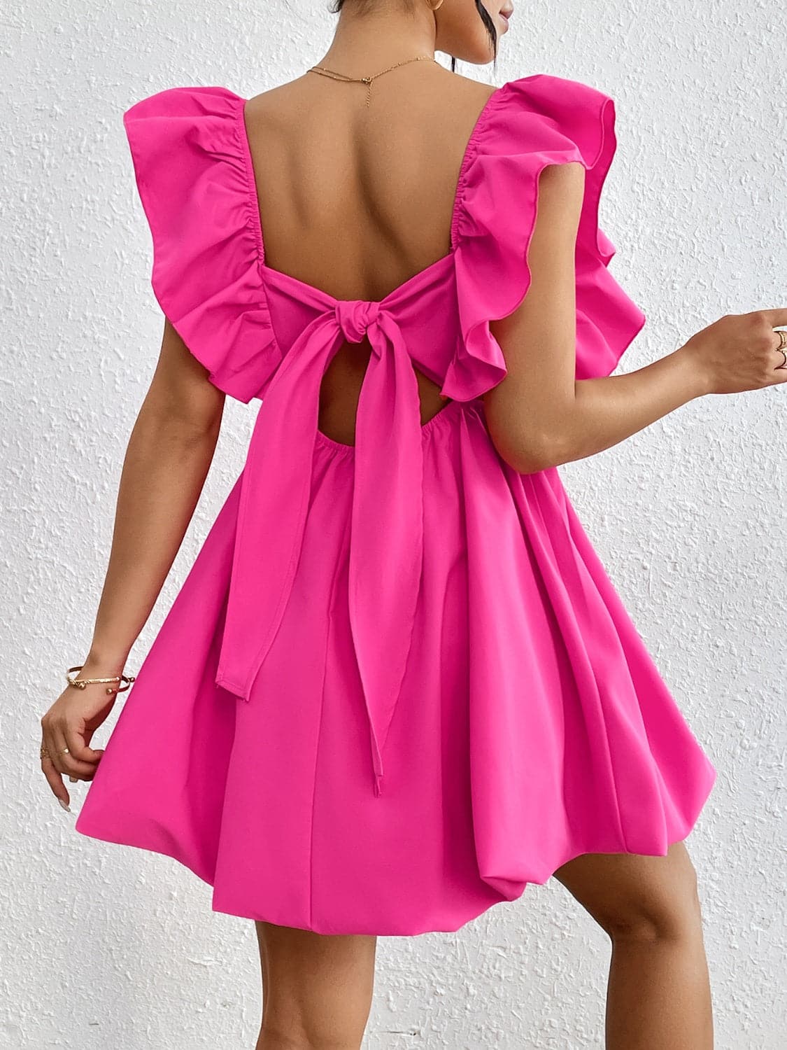 Ruffled V-Neck Cap Sleeve Mini Dress.