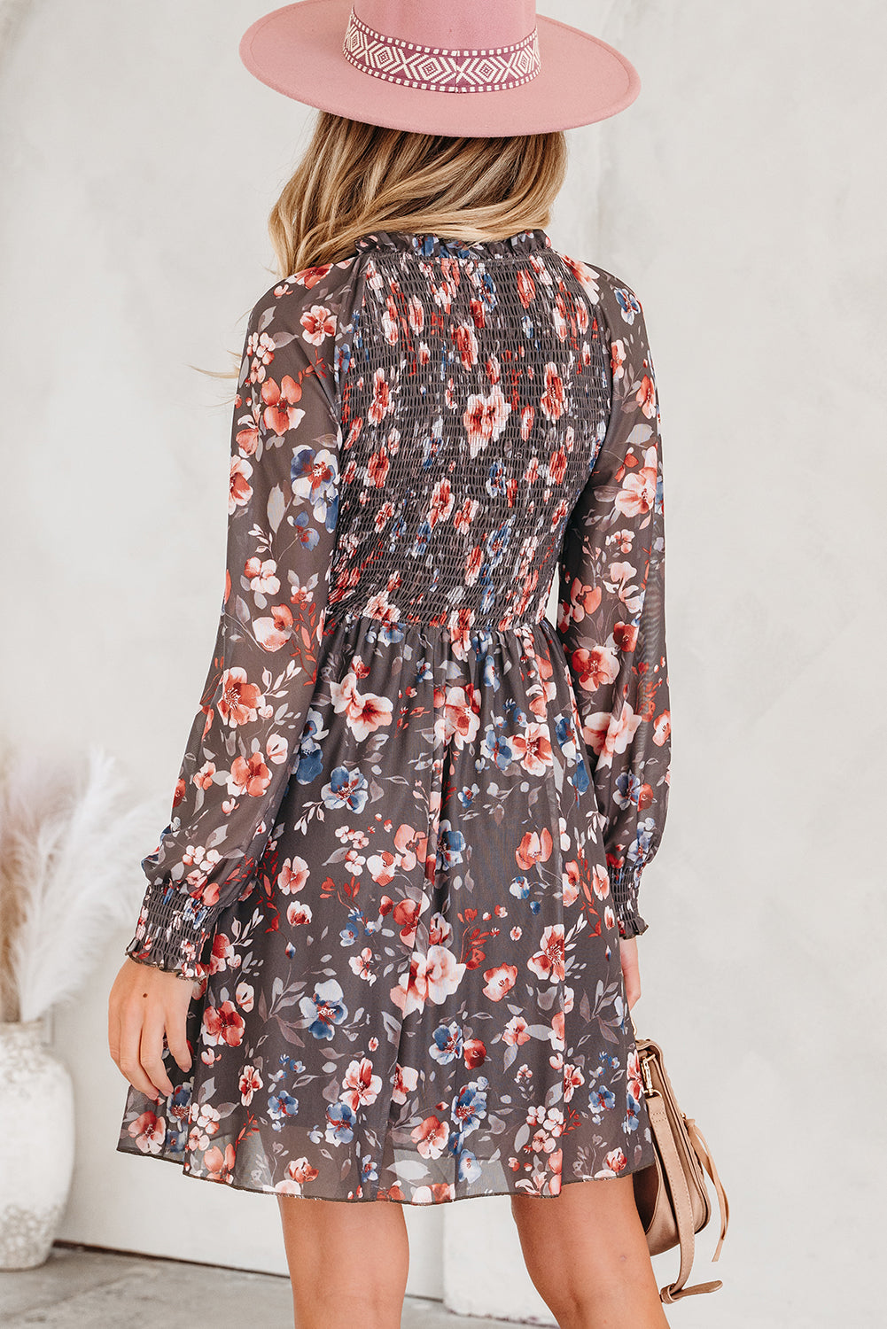 Brown Frilly Smocked Bodice Mesh Long Sleeve Mini Dress Dear-Lover Dropshipping