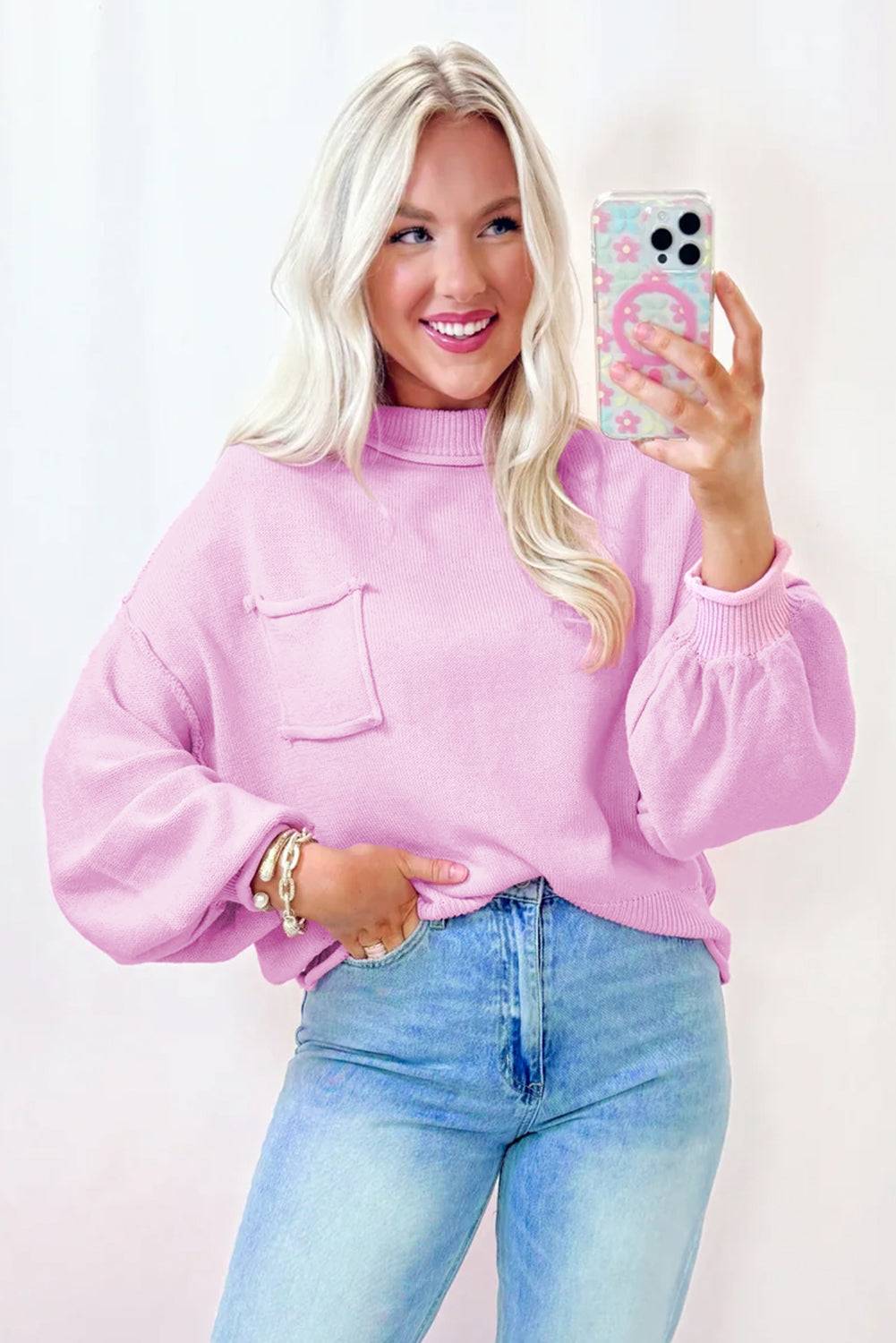 Cozy Pink Drop Shoulder Sweater with Raw Edge and Ribbed Details