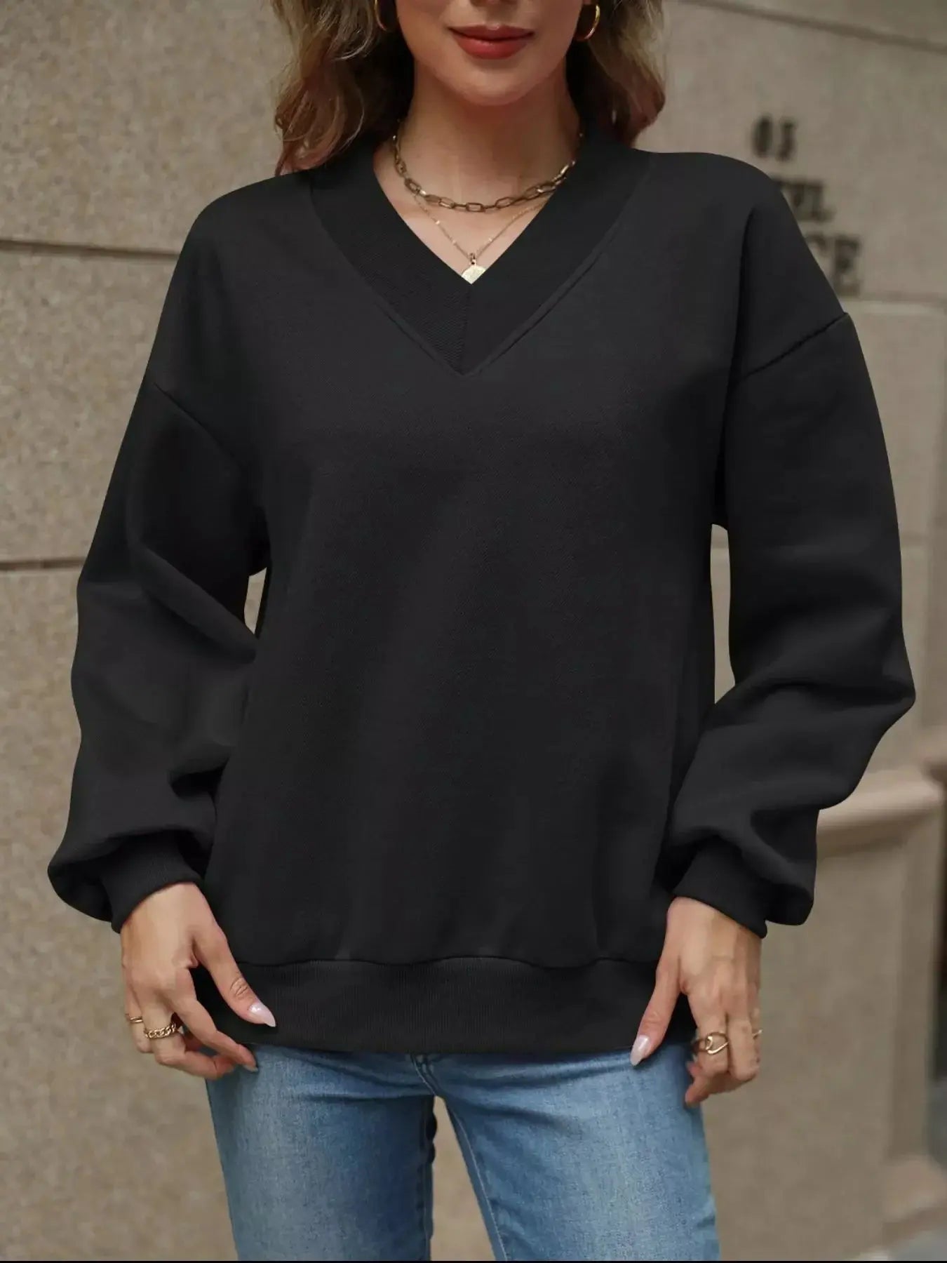 V-Neck Solid Color Casual Sweatshirt Simply Love