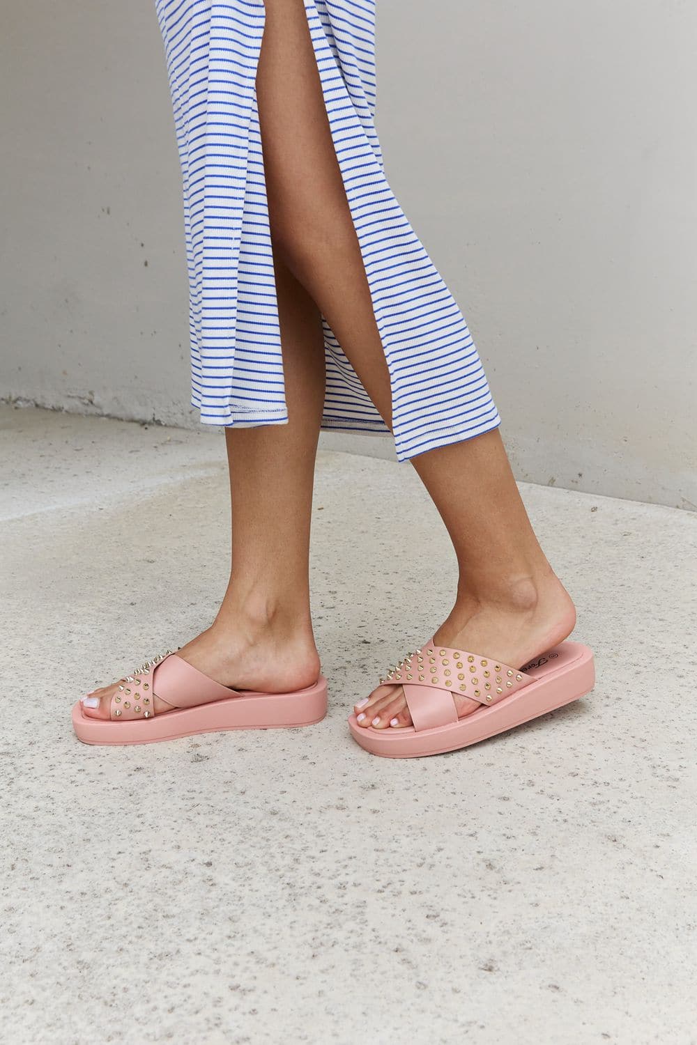 Forever Link Studded Cross Strap Sandals in Blush.