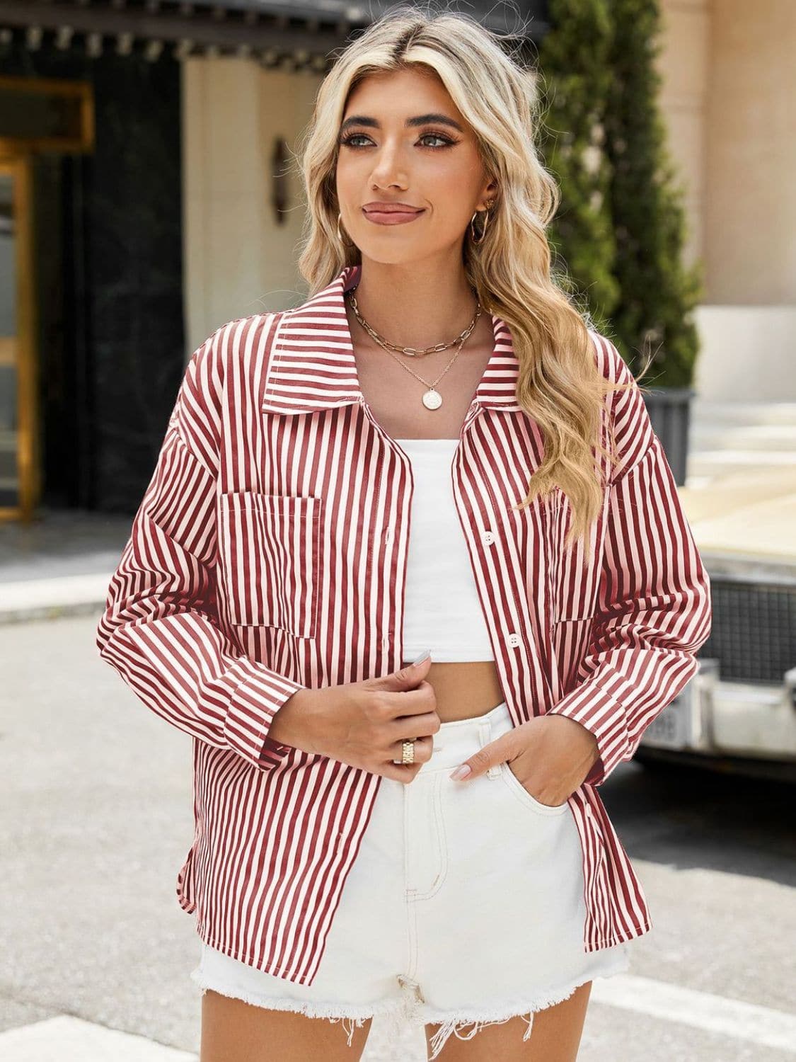 Striped Button Up Long Sleeve Shirt.