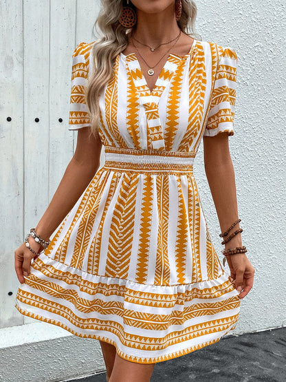 Geometric Notched Short Sleeve Mini Dress.